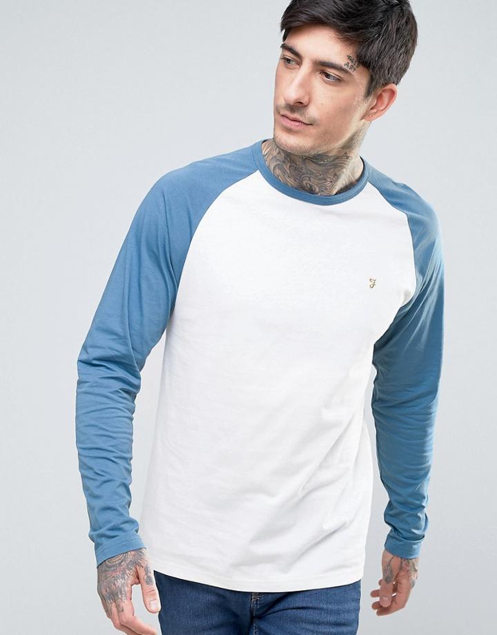 Farah Zenlak Long Sleeve Baseball Top Slim Fit In Ecru/blue - Blue