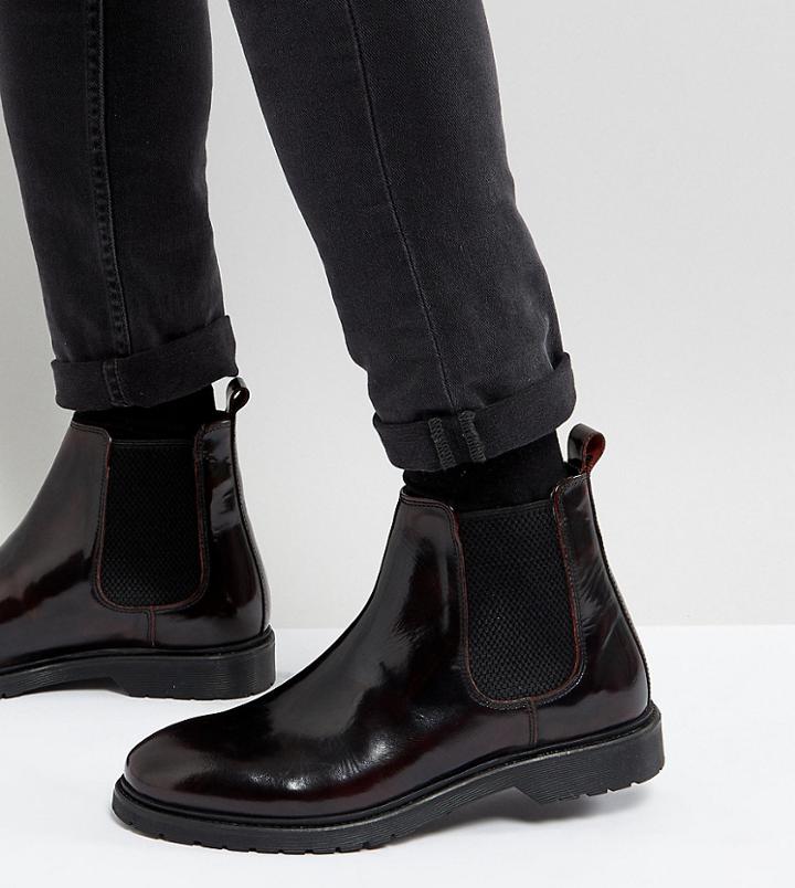Asos Wide Fit Chelsea Boots In Burgundy Leather With Ribbed Sole - Red