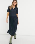 Asos Design Shirt Midaxi Dress With Short Sleeves In Dark Green And Blue Plaid Print-blues