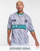 Asos Design Oversized T-shirt In All-over Purple Print With Varsity Front Prints-gray
