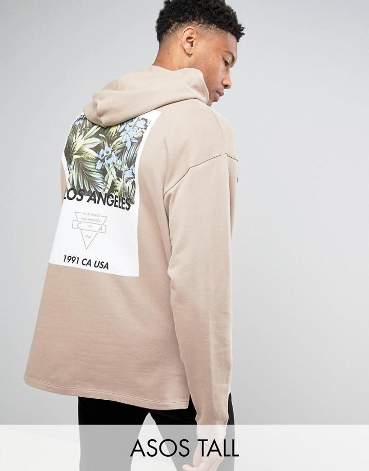 Asos Tall Oversized Hoodie With Palm Print - Beige