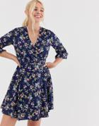 Qed London Floral Mini Wrap Dress With Frill Sleeve Detail-navy