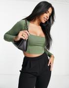 Asos Design Hourglass Square Neck Crop Top With Seam Detail In Khaki-green