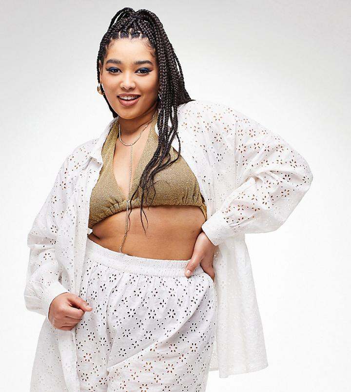 Asos Design Curve Oversized Eyelet Beach Shorts In White