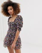 Collusion Floral Ruched Sleeve Mini Dress With Hook & Eye Detail - Multi