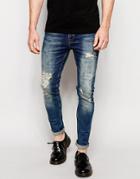 Asos Super Skinny Jeans Tinted With Mega Rip And Repair - Mid Blue