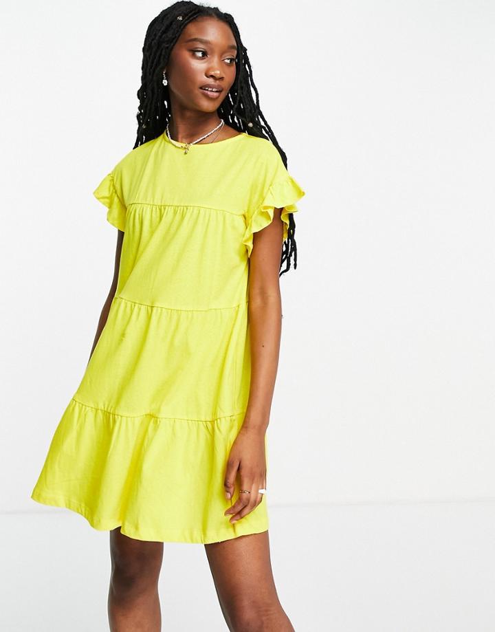 Asos Design Frill Sleeve Tiered Smock Dress In Bright Yellow