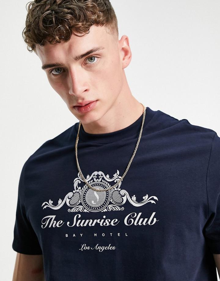 Asos Design T-shirt In Navy Organic Cotton With Front Print