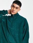 Asos Design Oversized Half Zip Sweatshirt In Ribbed Velour Deep Green - Part Of A Set