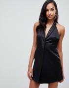 Asos Design Tux Mini Dress In Satin - Black