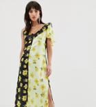 Dusty Daze Asymmetric Shoulder Midi Dress In Contrast Floral-yellow
