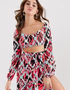 Asos Design Beach Crop Top In Ikat Print With Milkmaid Sleeves Two-piece - Multi