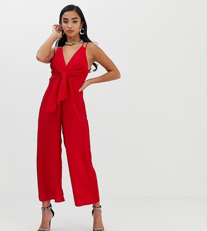 Asos Design Petite Jumpsuit With Tie Front And Wide Leg - Red