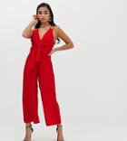Asos Design Petite Jumpsuit With Tie Front And Wide Leg - Red