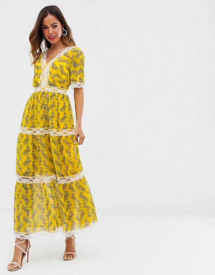 Asos Design Lace Insert Tiered Maxi Dress In Paisley Print-multi