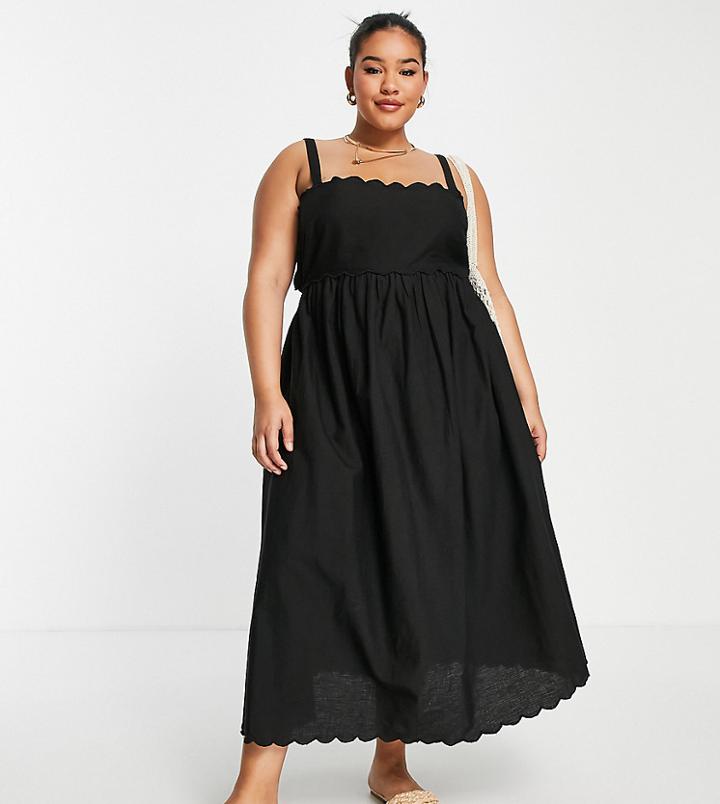 Asos Design Curve Scallop Edge Midi Sundress In Black