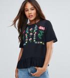 Asos Tall Ruffle Hem Tee With Embroidery - Black