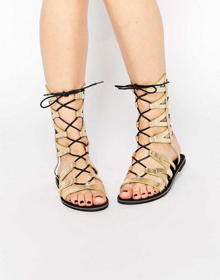 Missguided Geometric Lace Up Flat Sandals - Gold