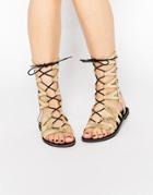 Missguided Geometric Lace Up Flat Sandals - Gold