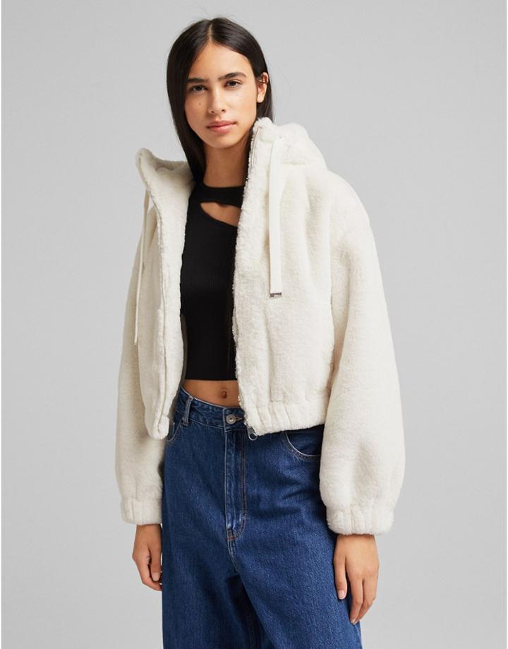 Bershka Faux Fur Hooded Jacket In White