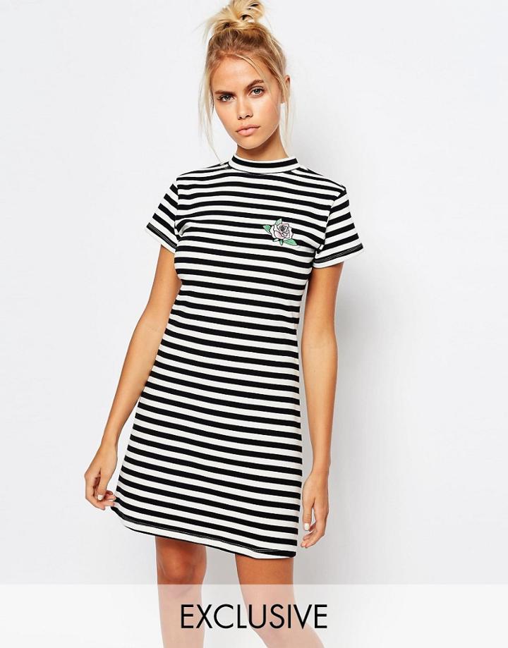 Lazy Oaf Striped Bodycon Dress With Small Rose Embroidery - Multi