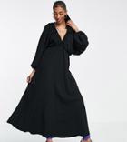 Asos Design Tall Textured Plunge Maxi Dress With Batwing Sleeves In Black