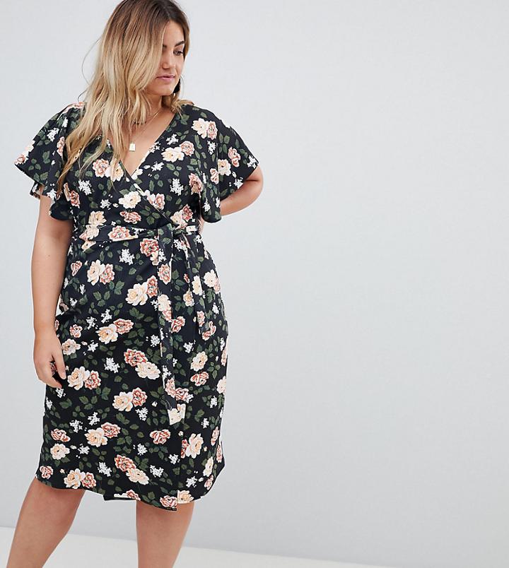 Boohoo Plus Floral Wrap Midi Dress - Black