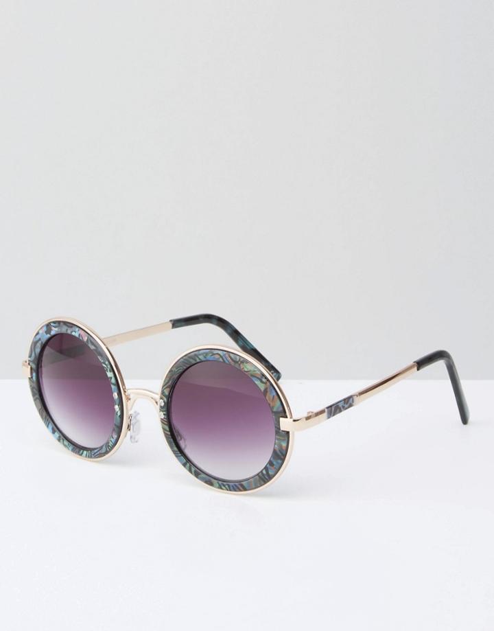 Asos Round Sunglasses With Metal Sandwich And Double Nose Bridge In Acetate Transfer - Multi