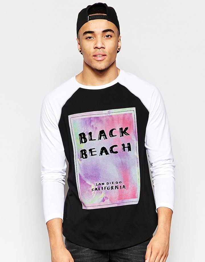 Asos Longline Long Sleeve T-shirt With Black Beach Print And Contrast Raglan - Black