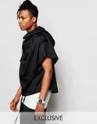 Unplugged Museum Hooded Boxy Short Sleeve Shirt With Tie Waist In Oversized Fit - Black