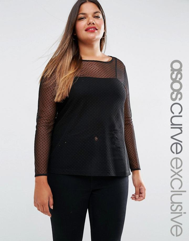 Asos Curve Cami Top With Dobby Spot In All Over Mesh - Black
