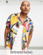 Asos Design Relaxed Revere Shirt In Linen Mix With Abstract Leaf Print-multi