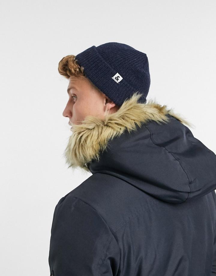 Jack & Jones Knitted Short Rib Beanie In Navy