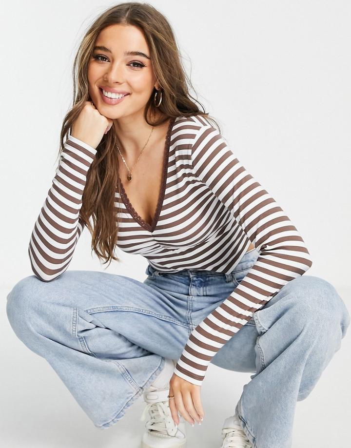 Asos Design V Neck Top With Lace Trim In Brown Stripe
