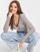 Asos Design V Neck Top With Lace Trim In Brown Stripe