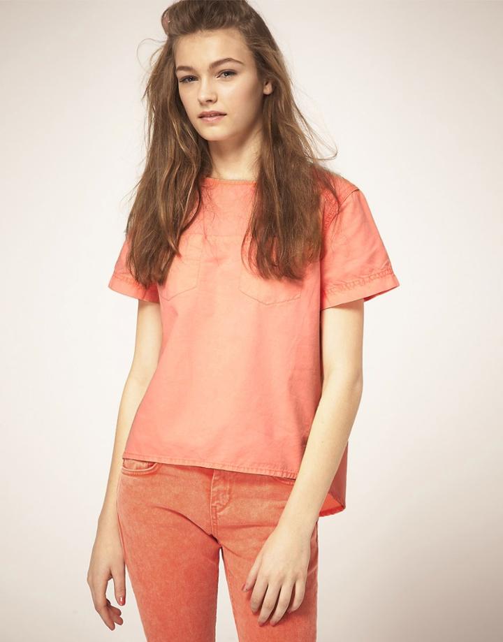 Asos Pleat-back Denim T-shirt In Neon Coral - Pink