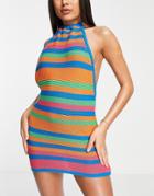 Asos Design Knitted High Neck Beach Dress In Mixed Stripe-multi