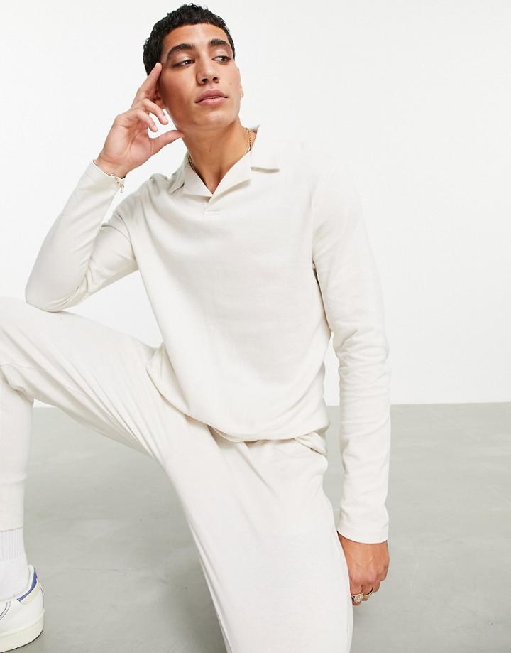 Asos Design Long Sleeve Pique Revere Polo In Beige - Part Of A Set-neutral