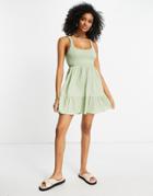 Asos Design Shirred Mini Sundress With Tiers In Stripe Texture In Sage-green