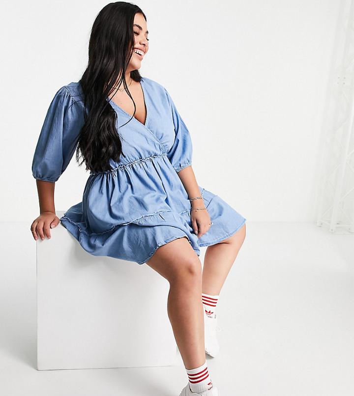 Missguided Plus Mini Dress With Balloon Sleeves In Blue Chambray-blues