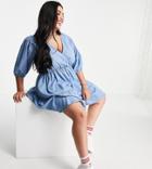 Missguided Plus Mini Dress With Balloon Sleeves In Blue Chambray-blues