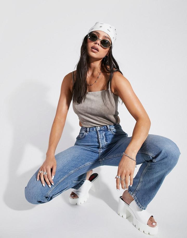 Asos Design Mid Rise Comfort Stretch Straight Leg Jeans In Midwash-blues