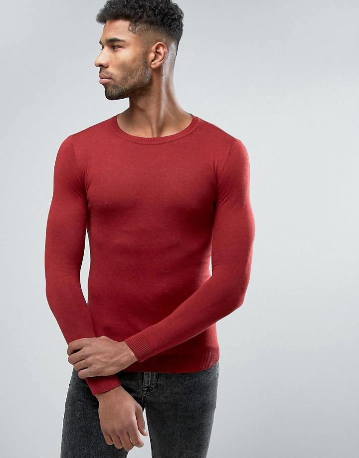 Asos Crew Neck Sweater In Muscle Fit - Red
