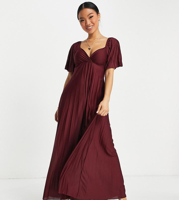 Asos Design Petite Pleated Twist Back Cap Sleeve Maxi Dress In Dark Red