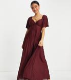 Asos Design Petite Pleated Twist Back Cap Sleeve Maxi Dress In Dark Red