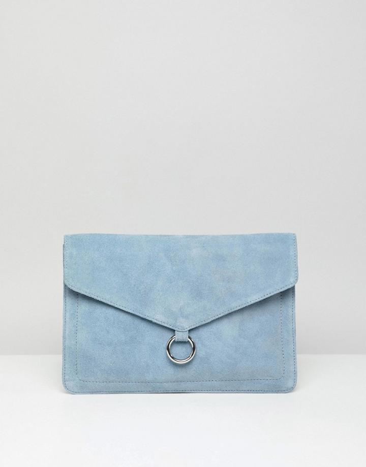 Asos Design Suede Envelope Clutch Bag With Ring Detail - Blue