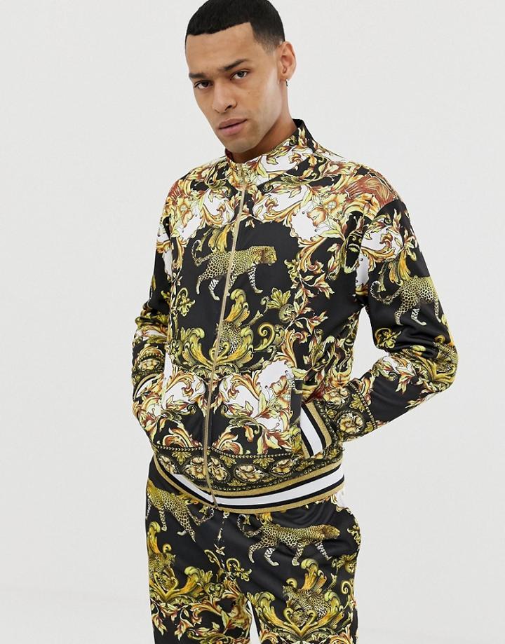 Jaded London Track Top In Leopard Baroque Print - Black