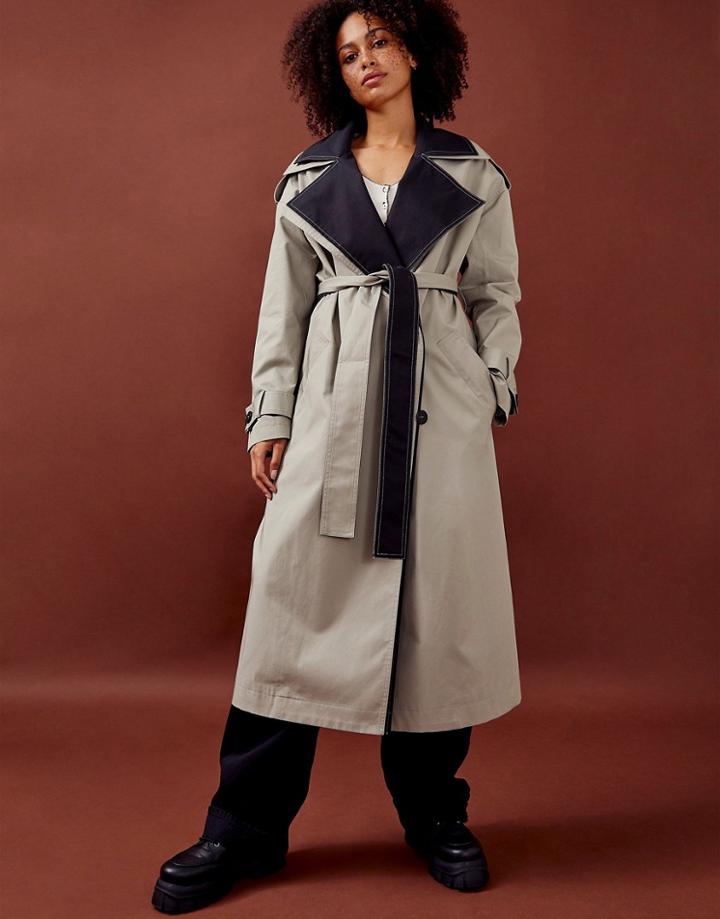 Topshop Double Layer Trench Coat In Khaki-green
