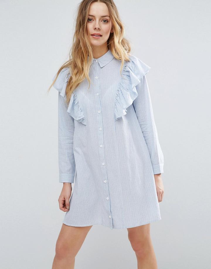 Influence Ruffle Shoulder Shirt Dress - Blue