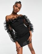 Rebellious Fashion Mesh Frill Neck Bardot Mini Body-conscious Dress In Black